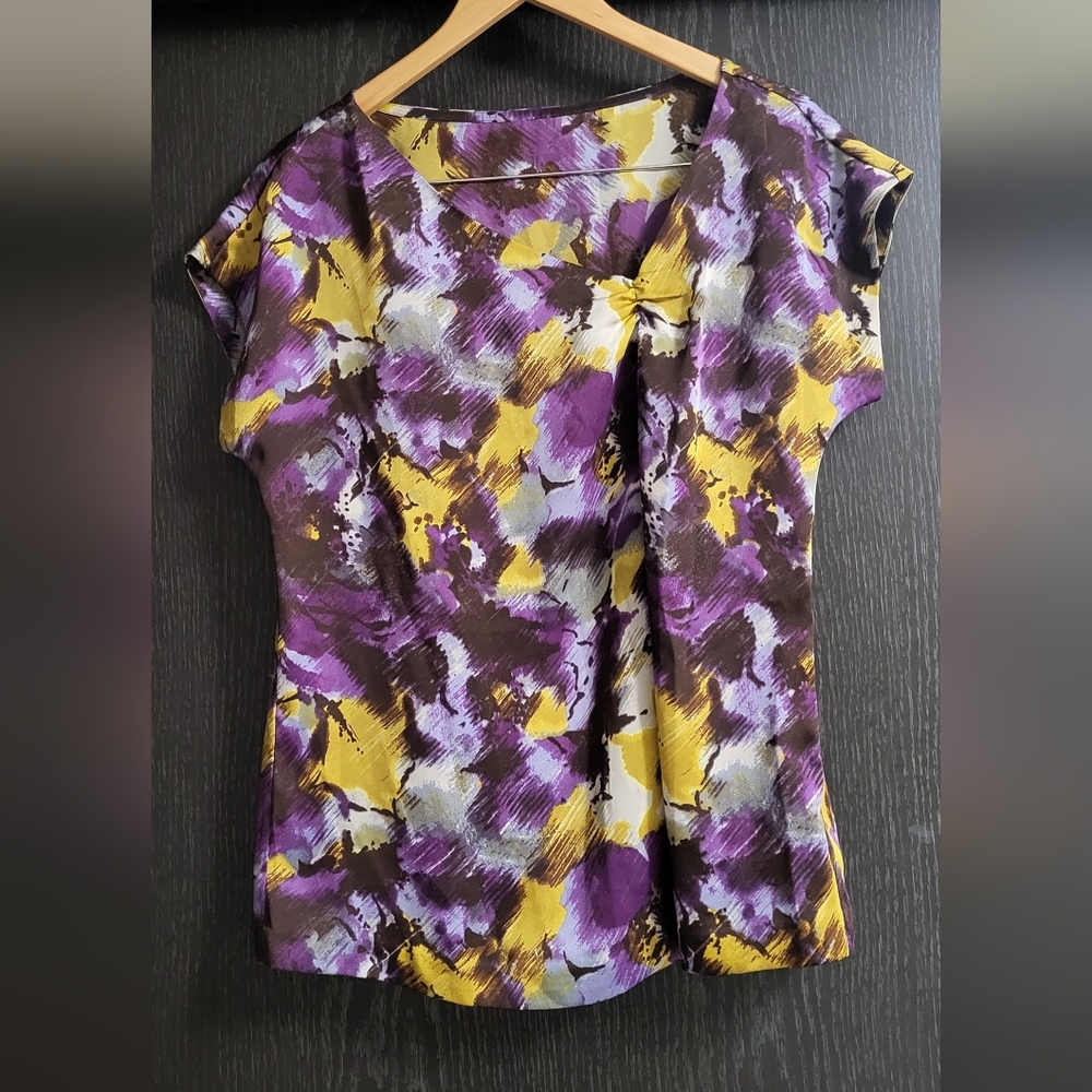 Vintage Vibrant Abstract Women's Blouse in Purple and Yellow